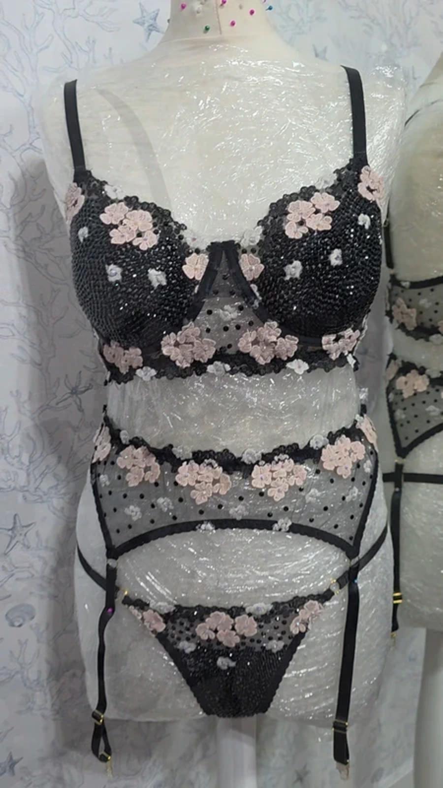 Black and pink rhinestone lingerie set 12-14