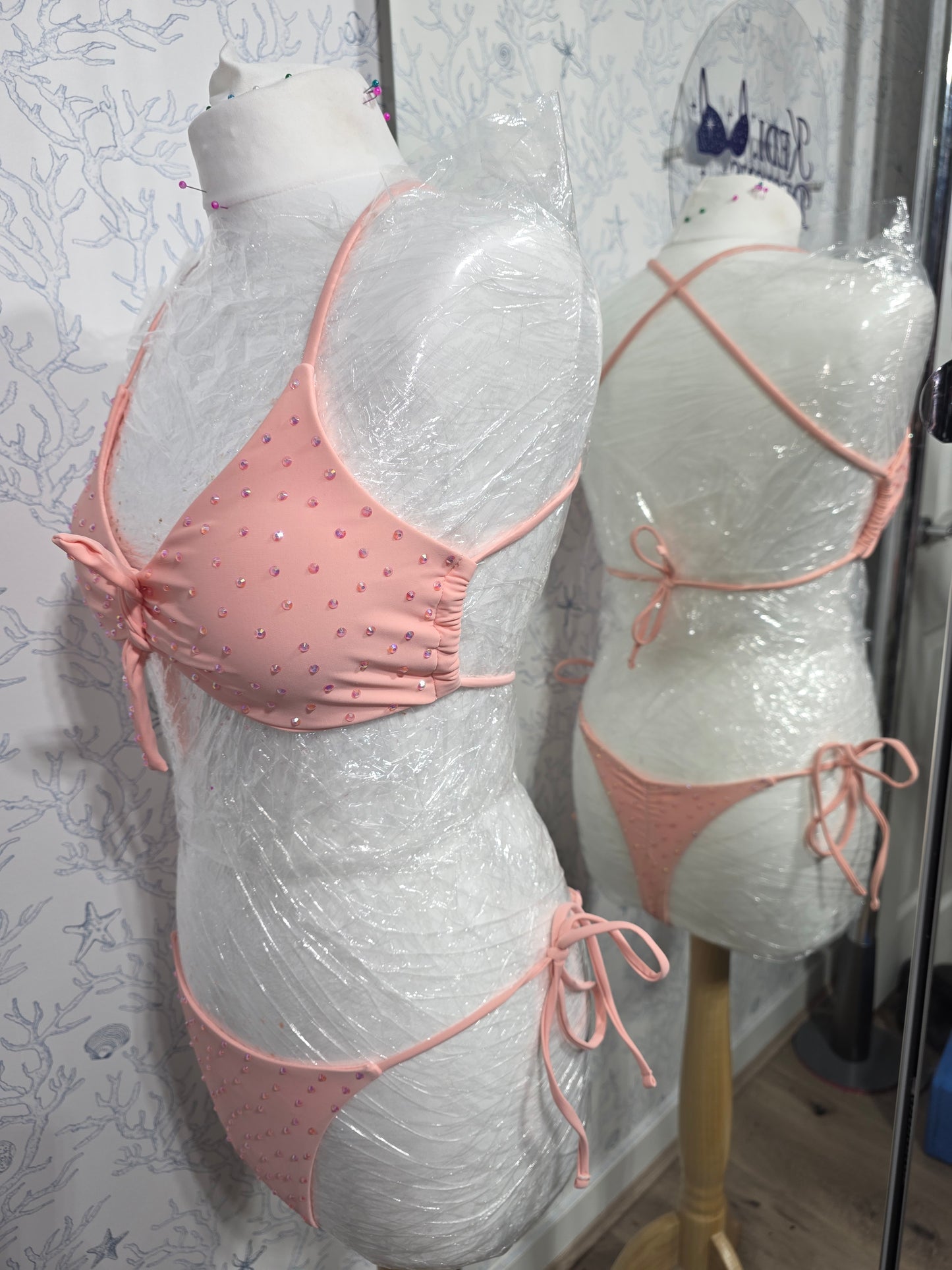 Peach pink rhinestone bikini 10-12