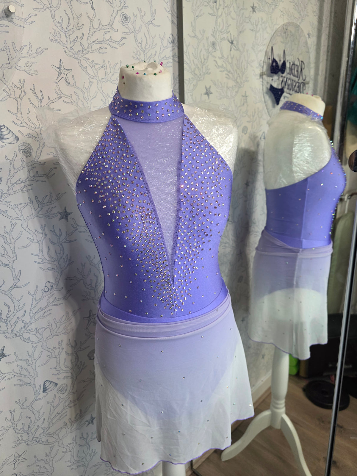 Lilac and white ombre rhinestone dance costume