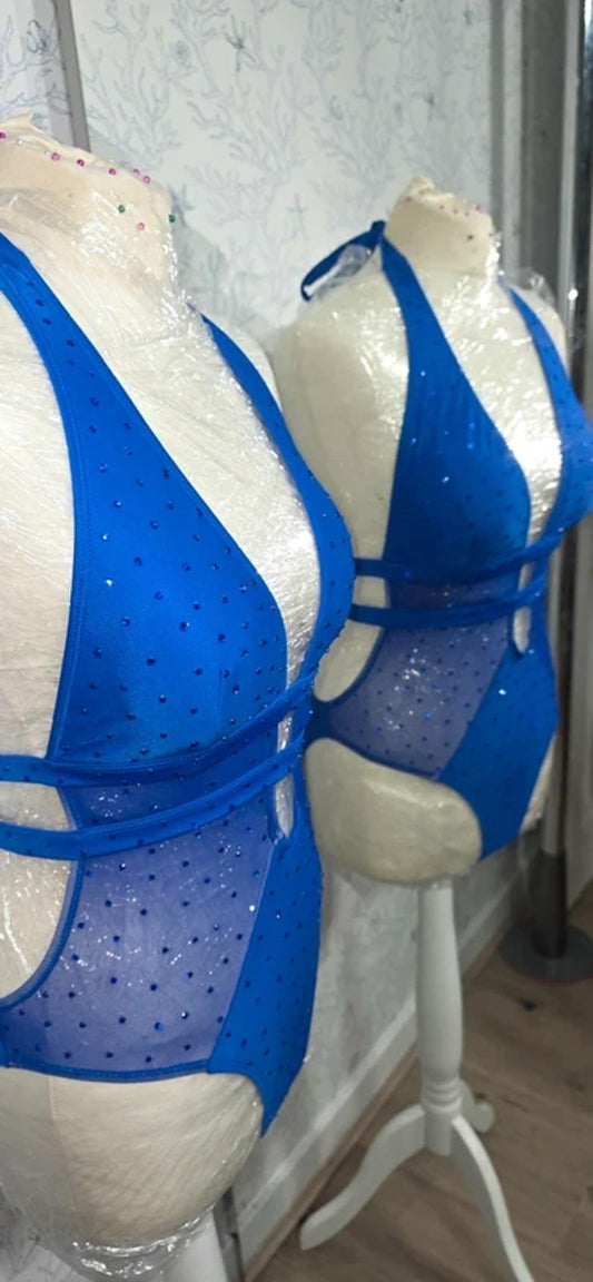 Blue Rhinestoned mesh bodysuit 10-12