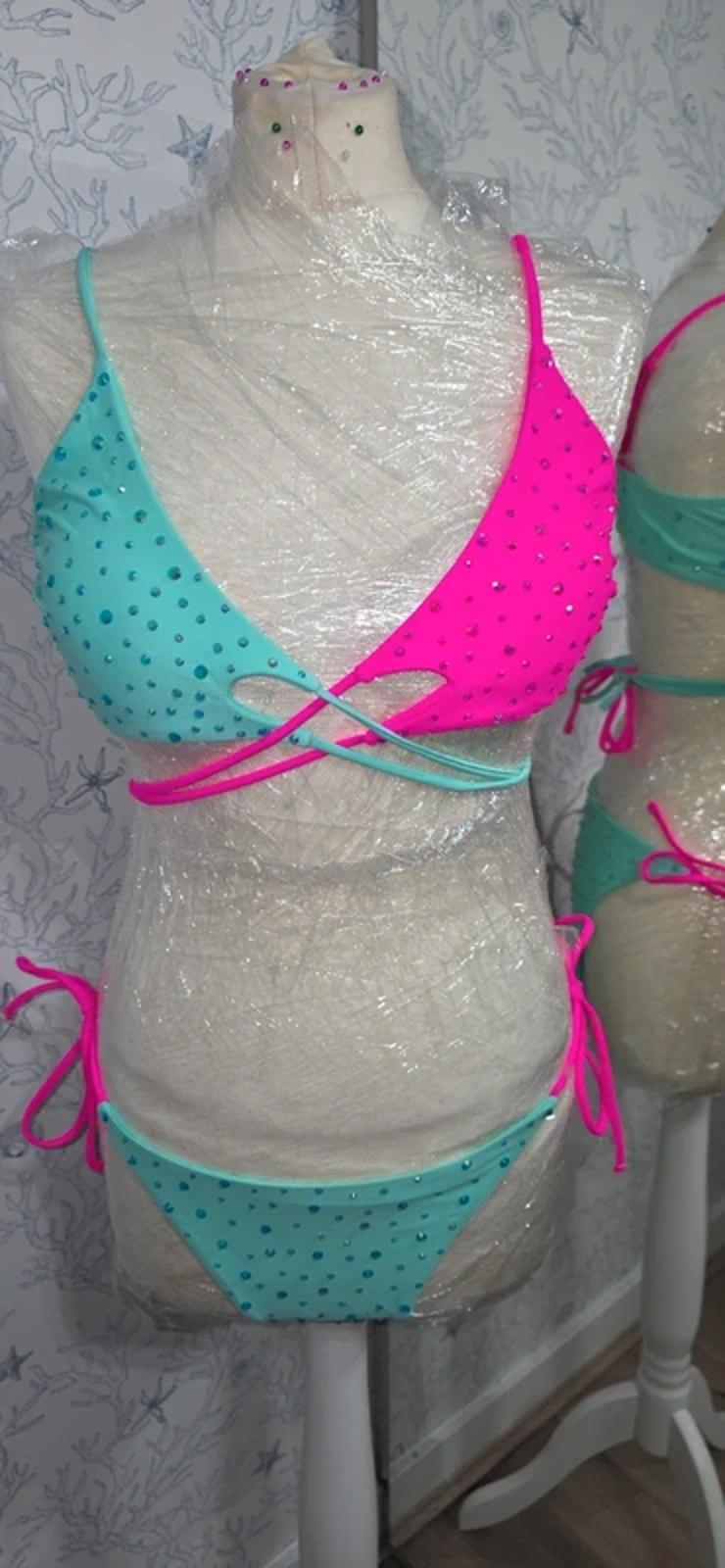 Pink and mint rhinestoned bikini 12-14