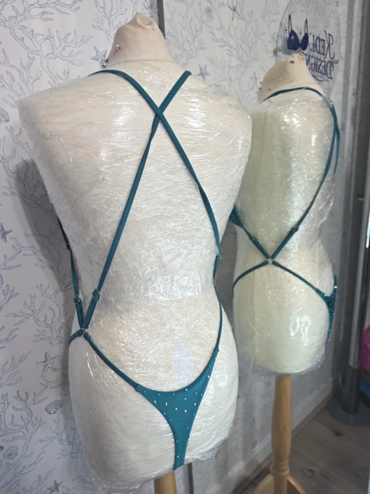 Teal Rhinestone one piece 8-10