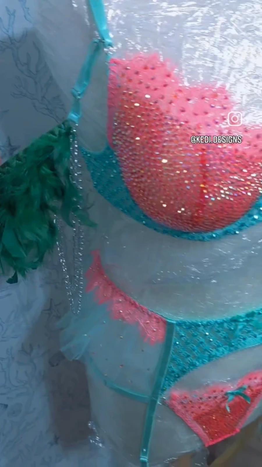 Orange and teal Rhinestone lingerie set 12-14