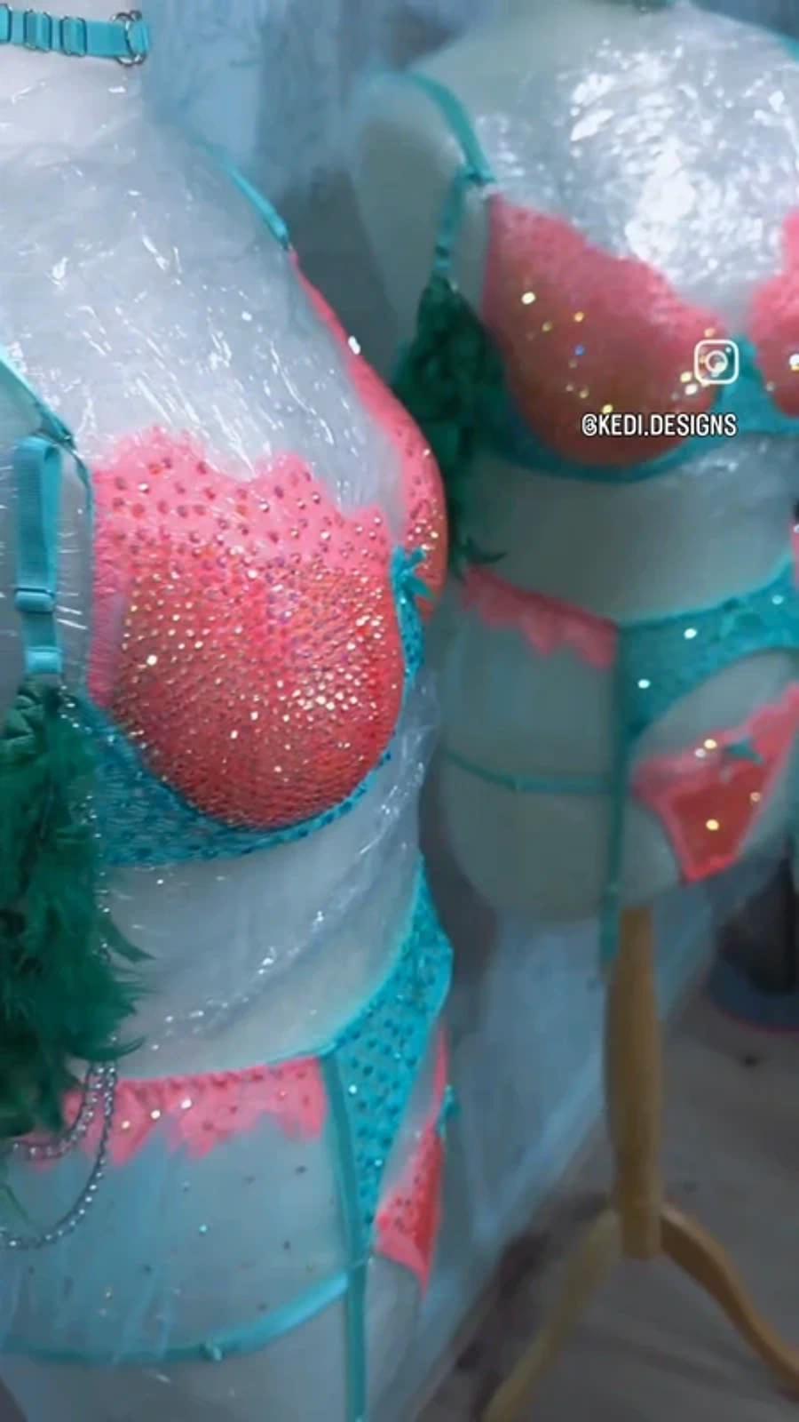 Orange and teal Rhinestone lingerie set 12-14