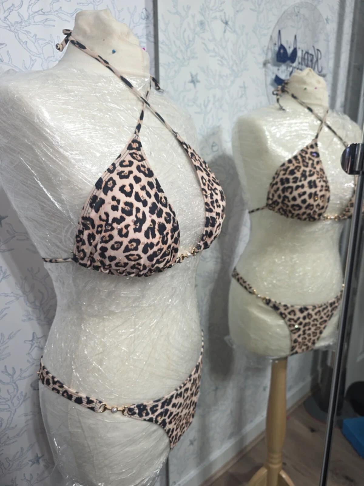 Rhinestoned leopard print bikini 10-12
