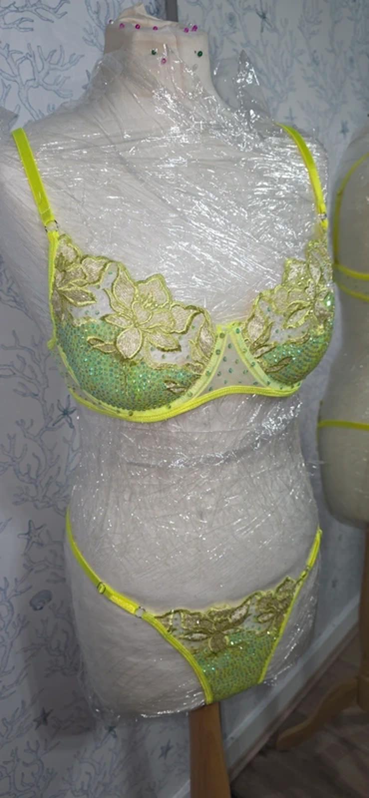 Neon Yellow rhinestoned lingerie set 10-12