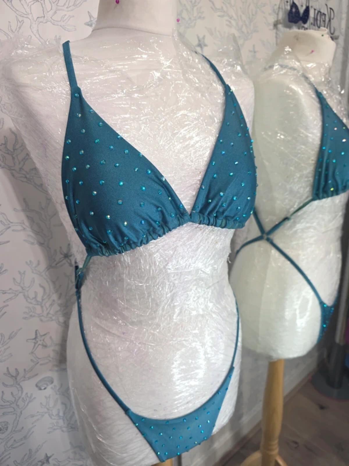 Teal Rhinestone one piece 10-12