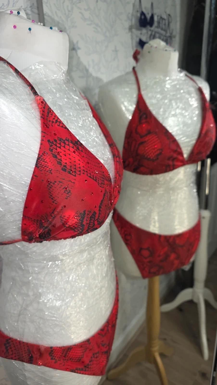 Red snakeskin rhinestoned bikini