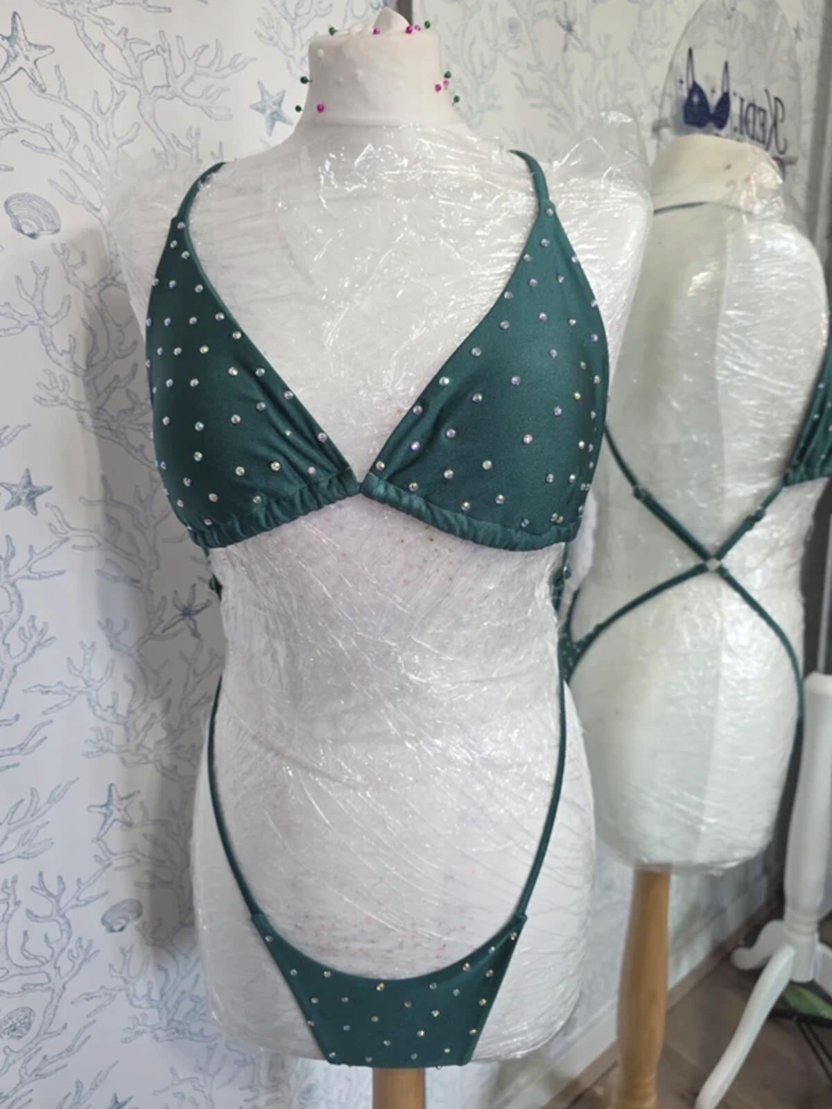 Dark green rhinestoned bodysuit bikini size 10-12