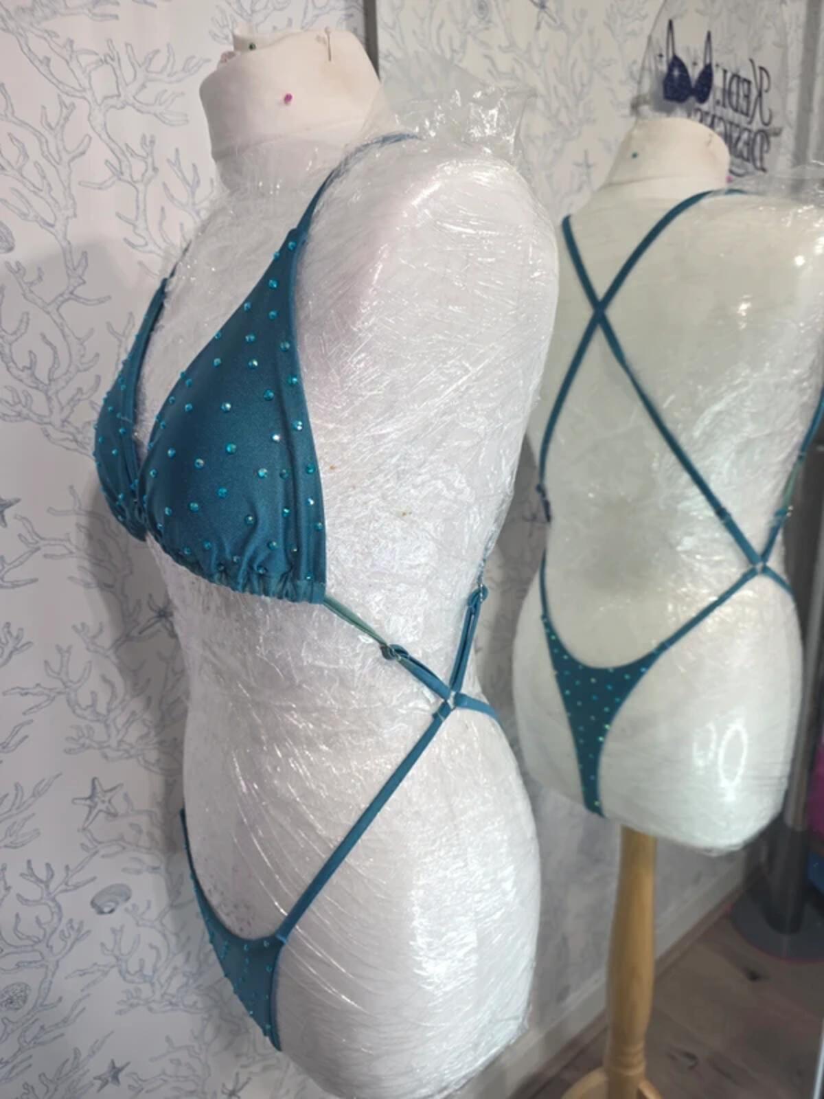 Teal Rhinestone one piece 10-12