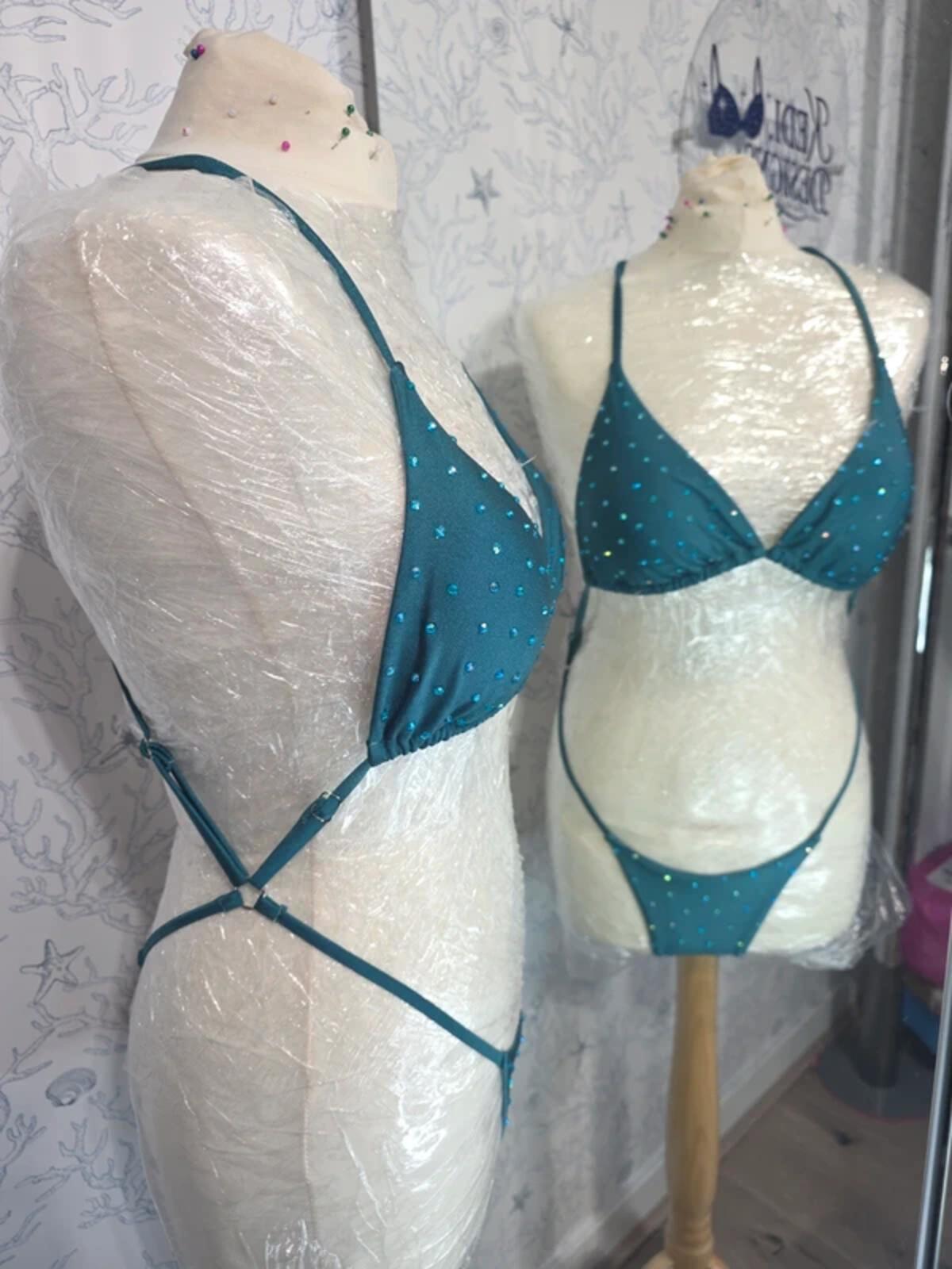 Teal Rhinestone one piece 8-10