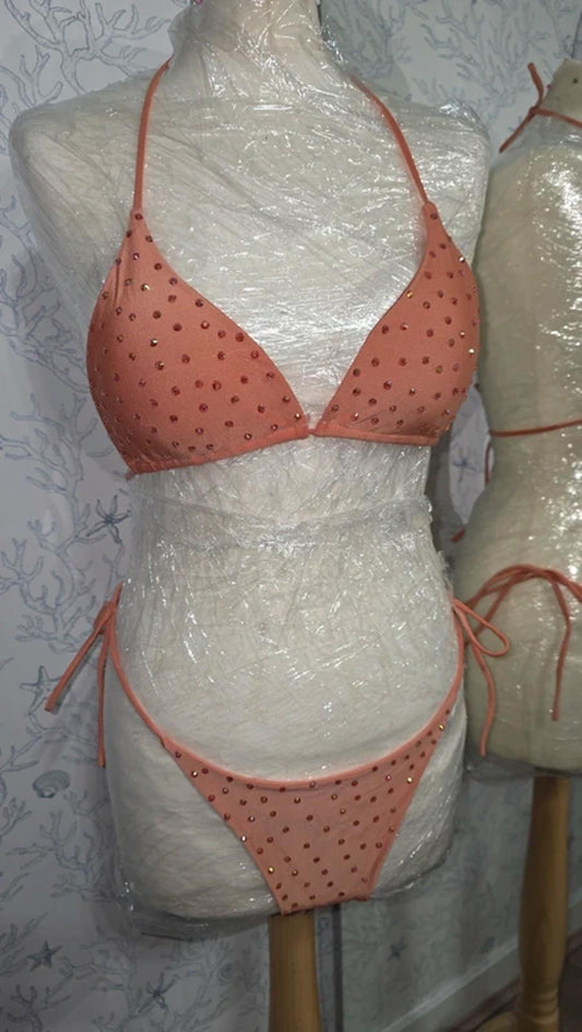 Orange/Coral rhinestoned bikini size 10-12