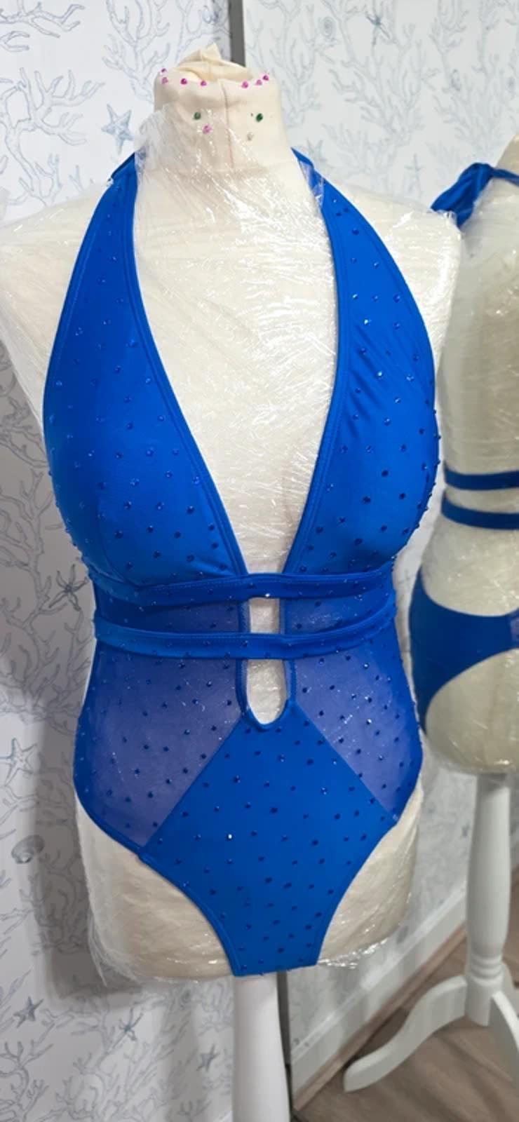 Blue Rhinestoned mesh bodysuit 10-12