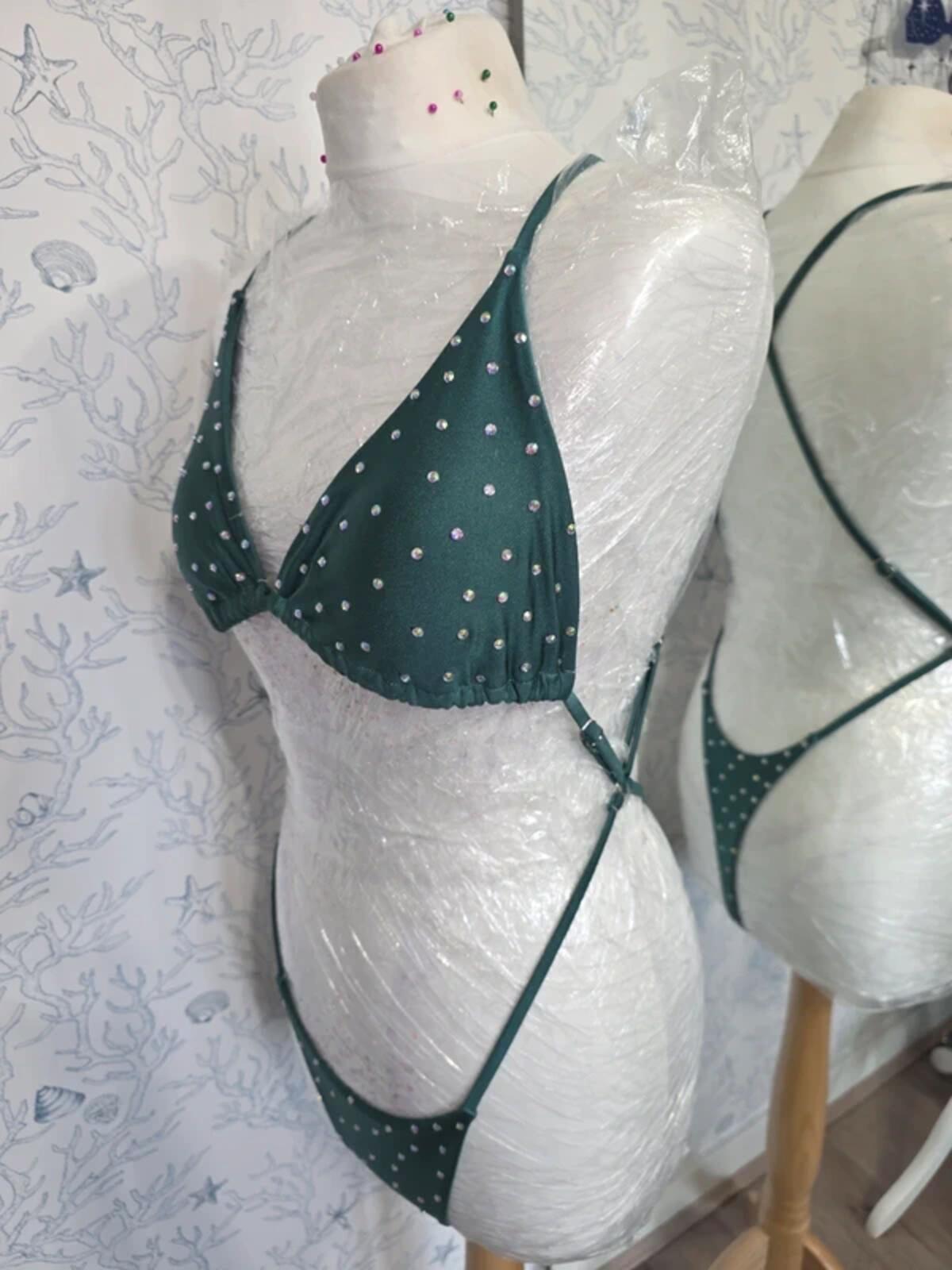 Dark green rhinestoned bodysuit bikini size 10-12
