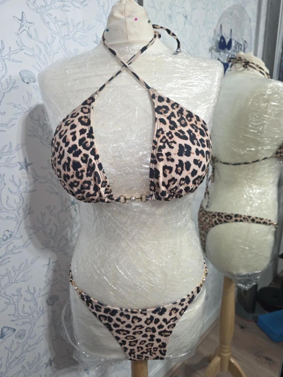 Rhinestoned leopard print bikini 10-12