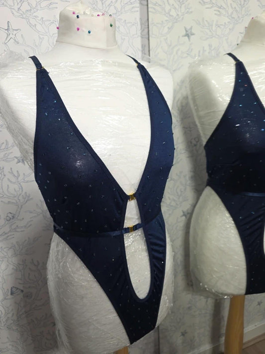 Navy blue rhinestone bodysuit 16-18