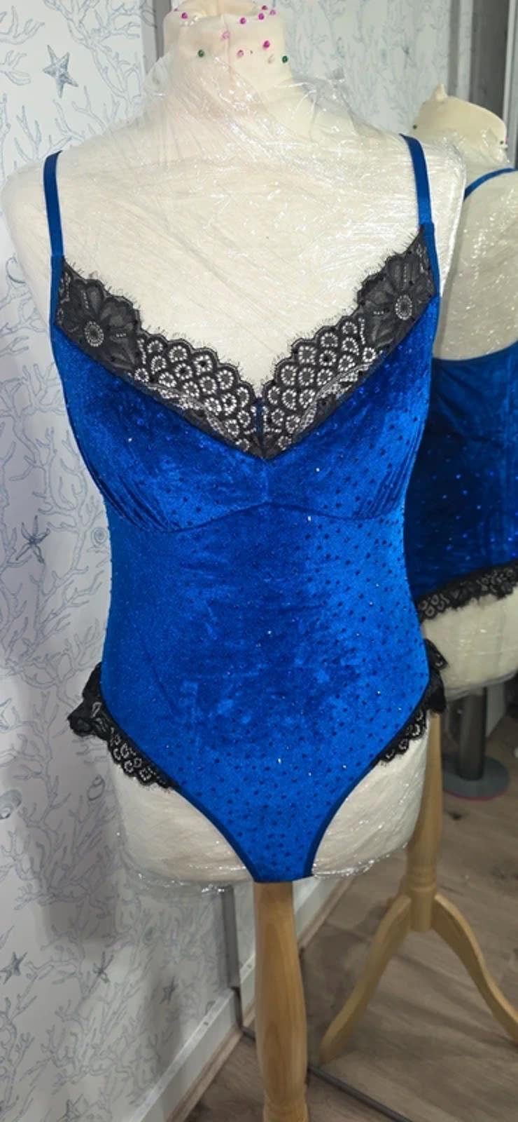 Blue Velvet rhinestoned bodysuit size 10-12