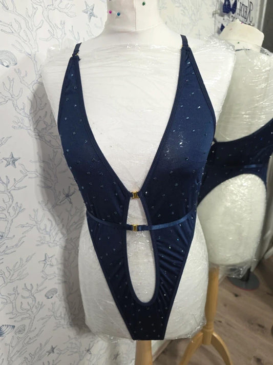 Navy blue Rhinestoned bodysuit 14-16