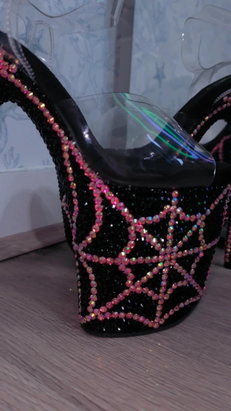 Pink and black spiderweb heels