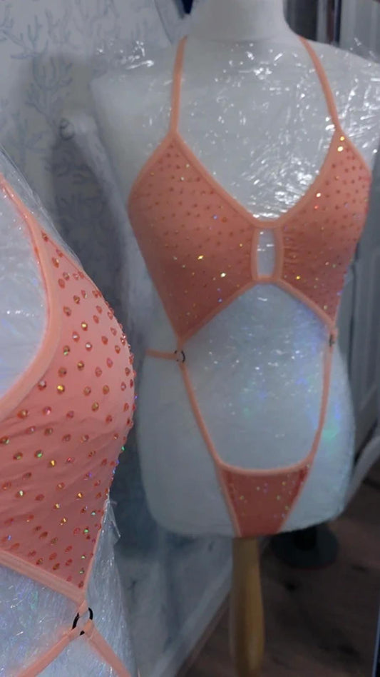 Peach orange rhinestoned bodysuit