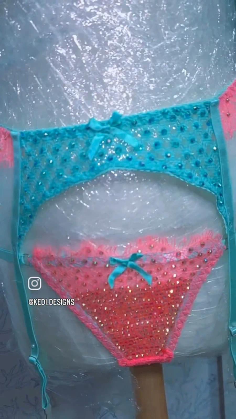 Orange and teal Rhinestone lingerie set 12-14