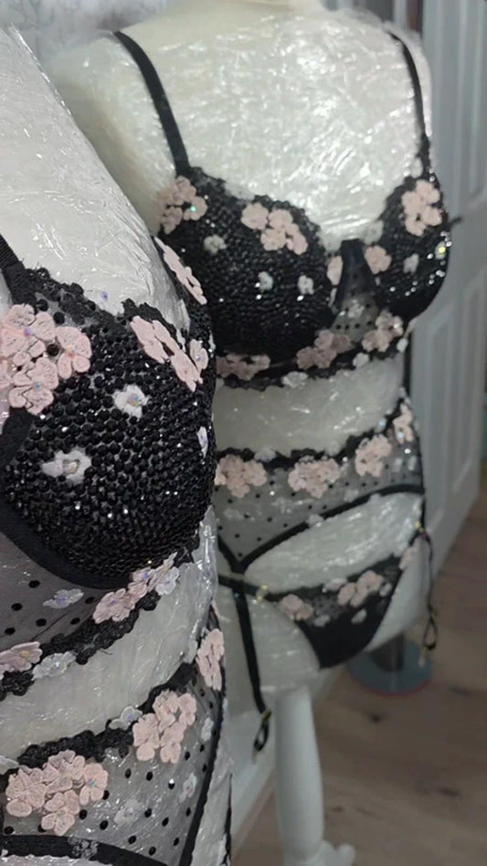 Black and pink rhinestone lingerie set 12-14