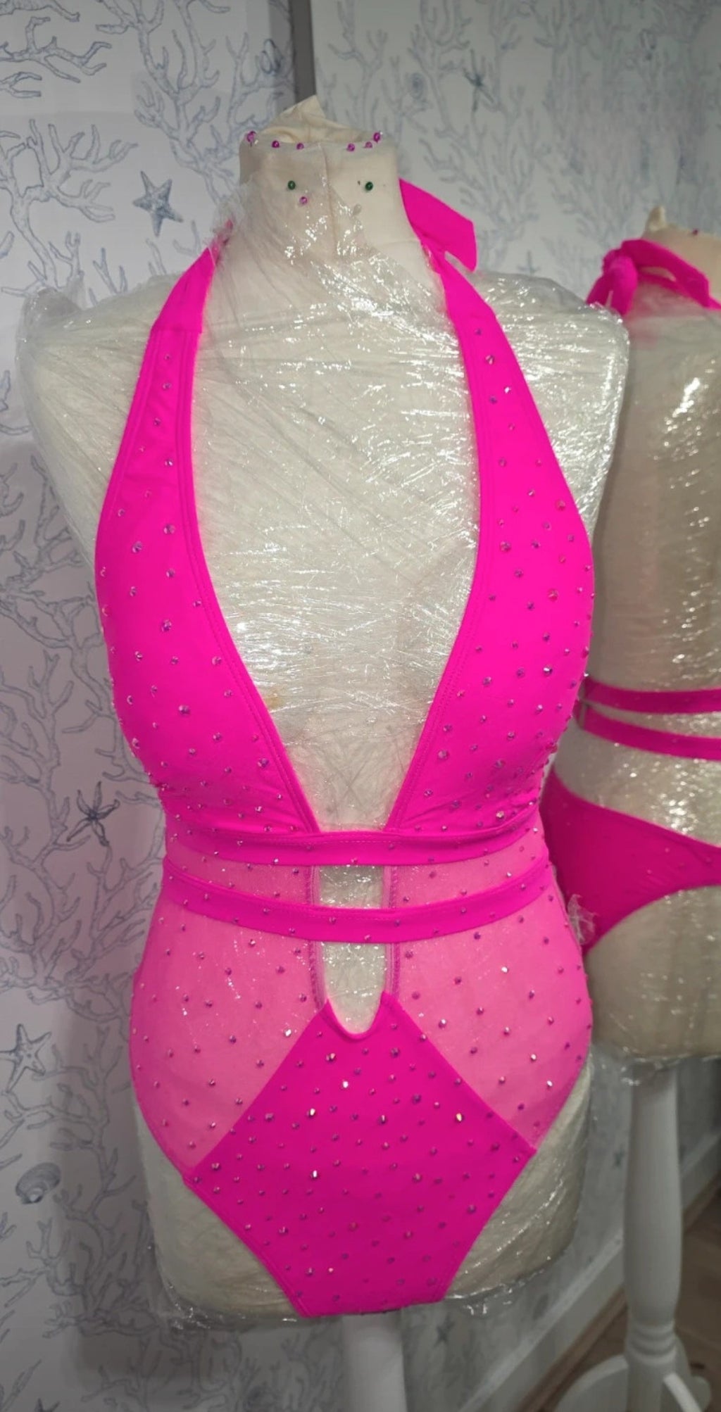 Pink Mesh Rhinestoned Bodysuit