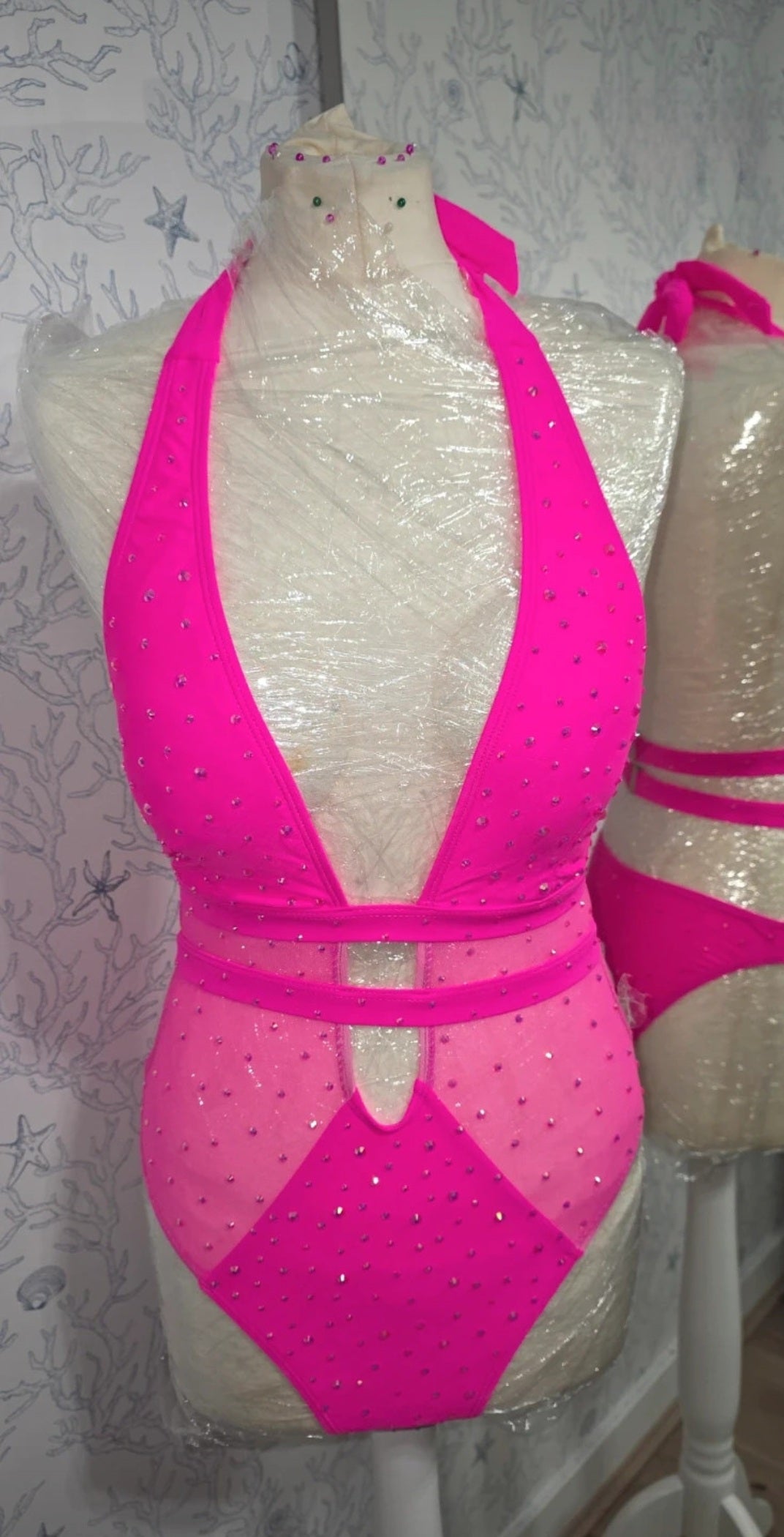 Pink Mesh Rhinestoned Bodysuit