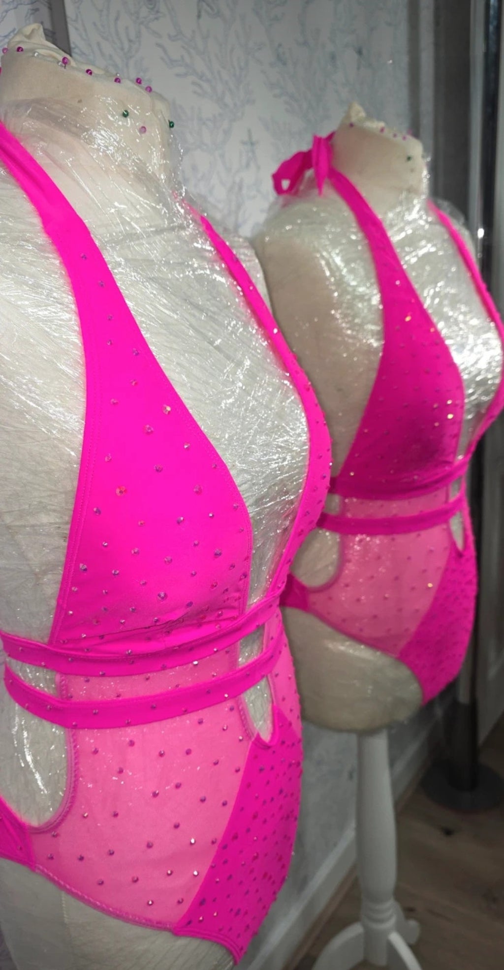Pink Mesh Rhinestoned Bodysuit