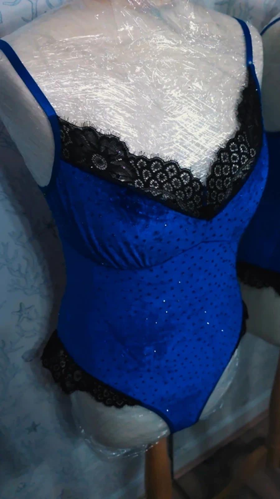 Blue Velvet rhinestoned bodysuit size 10-12