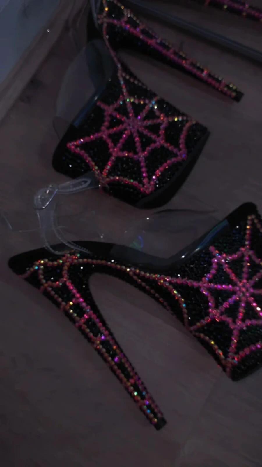 Pink and black spiderweb heels