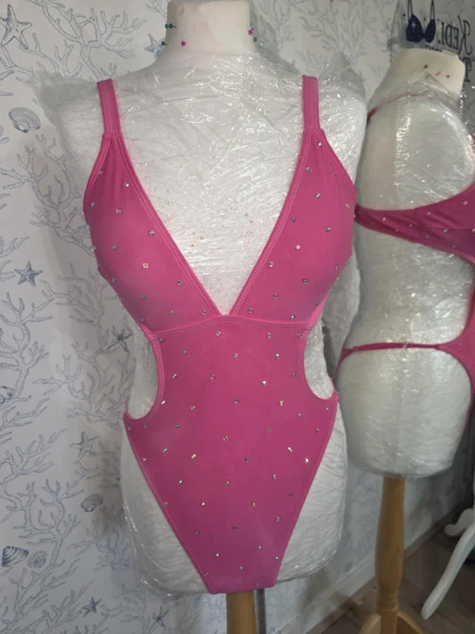 Pink Rhinestoned cut out bodysuit size 12-14