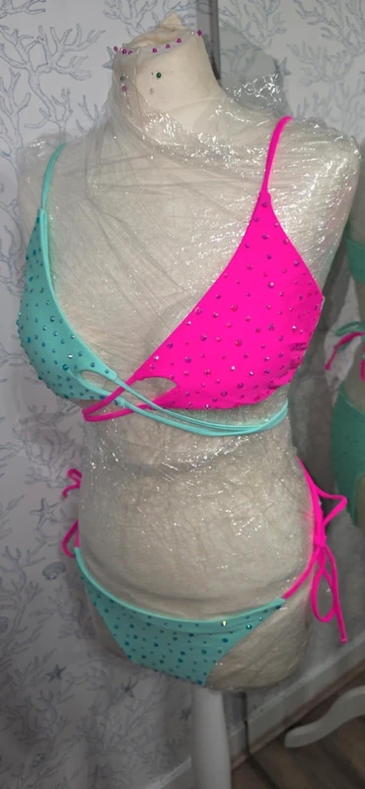 Pink and mint rhinestoned bikini 12-14
