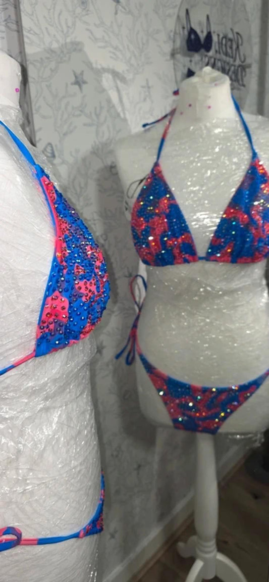 Blue and Pink Rhinestoned Bikini 12-14