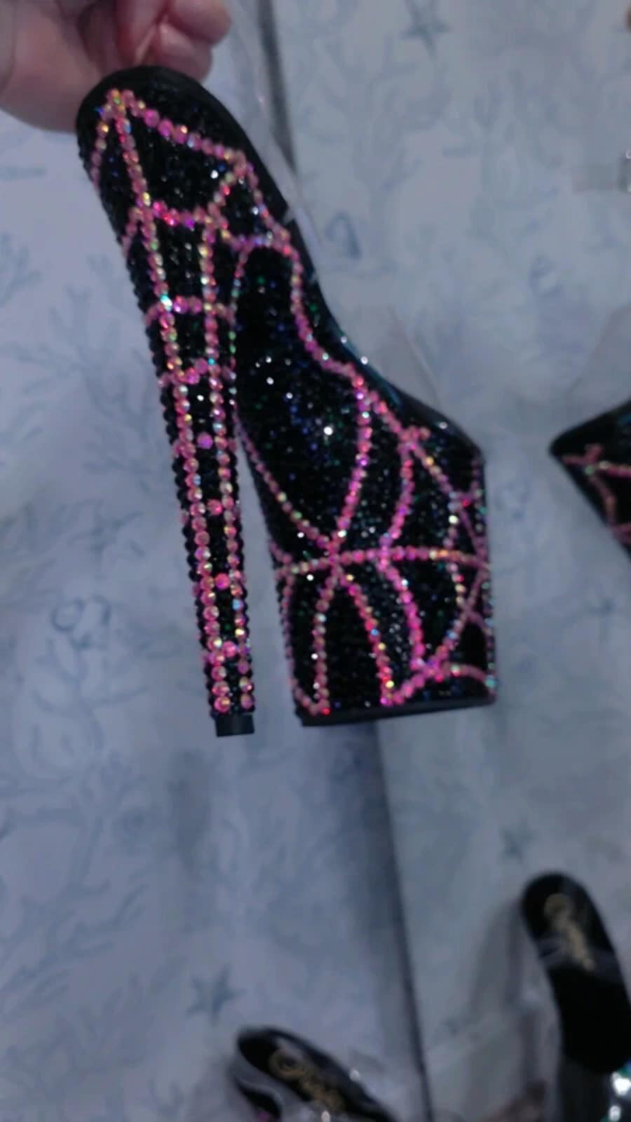 Pink and black spiderweb heels