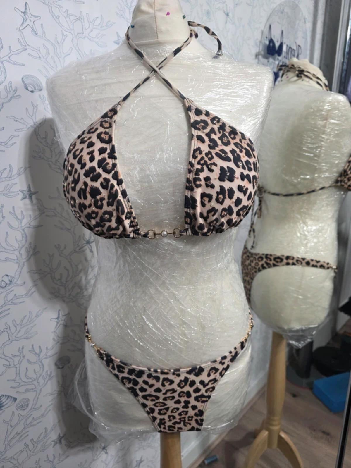 Rhinestoned leopard print bikini 10-12