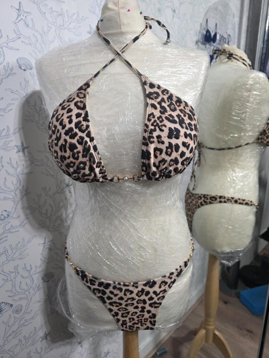 Rhinestoned leopard print bikini 10-12
