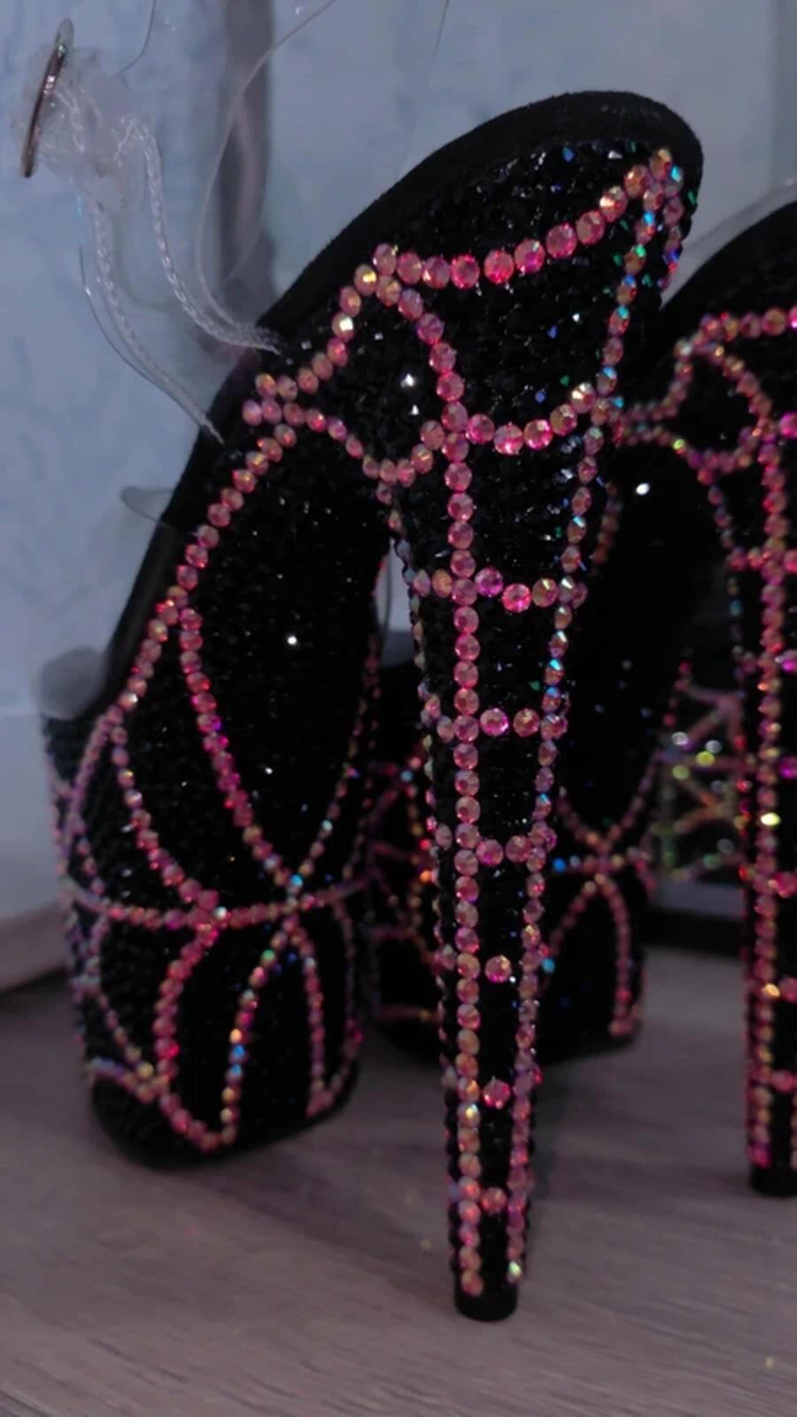 Pink and black spiderweb heels