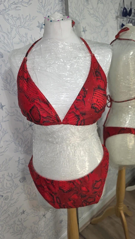 Red snakeskin rhinestoned bikini