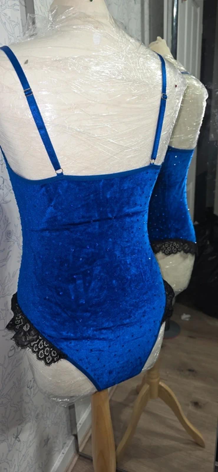 Blue Velvet rhinestoned bodysuit size 10-12