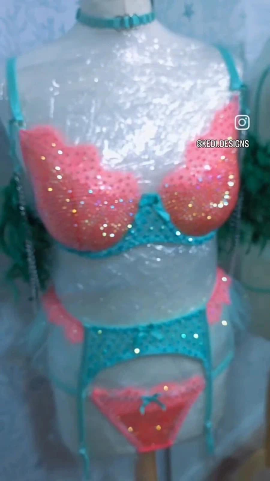 Orange and teal Rhinestone lingerie set 12-14
