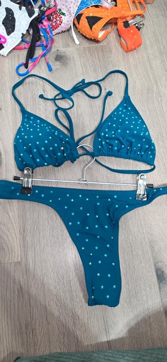 Rhinestoned teal bikini size 10-12