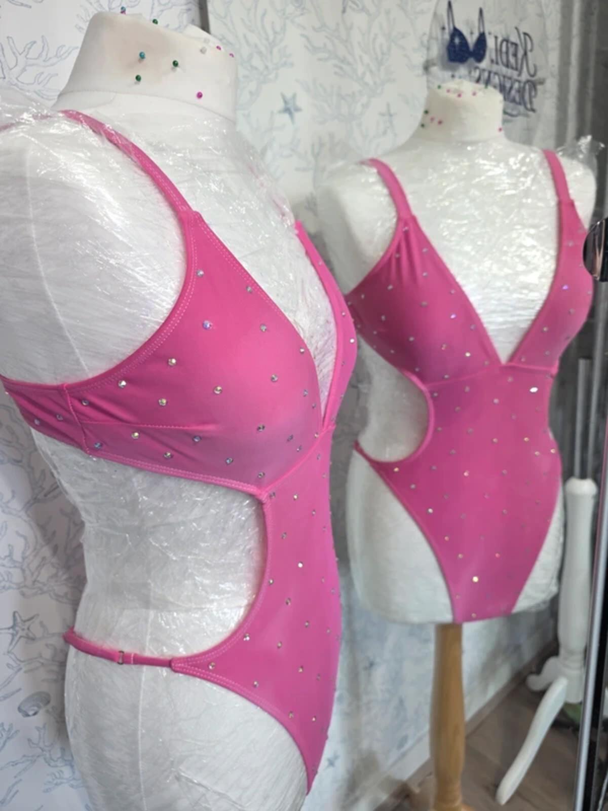 Pink Rhinestoned cut out bodysuit size 12-14