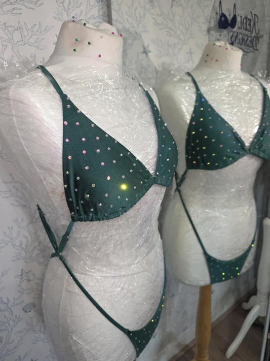 Dark green rhinestoned bodysuit bikini size 10-12