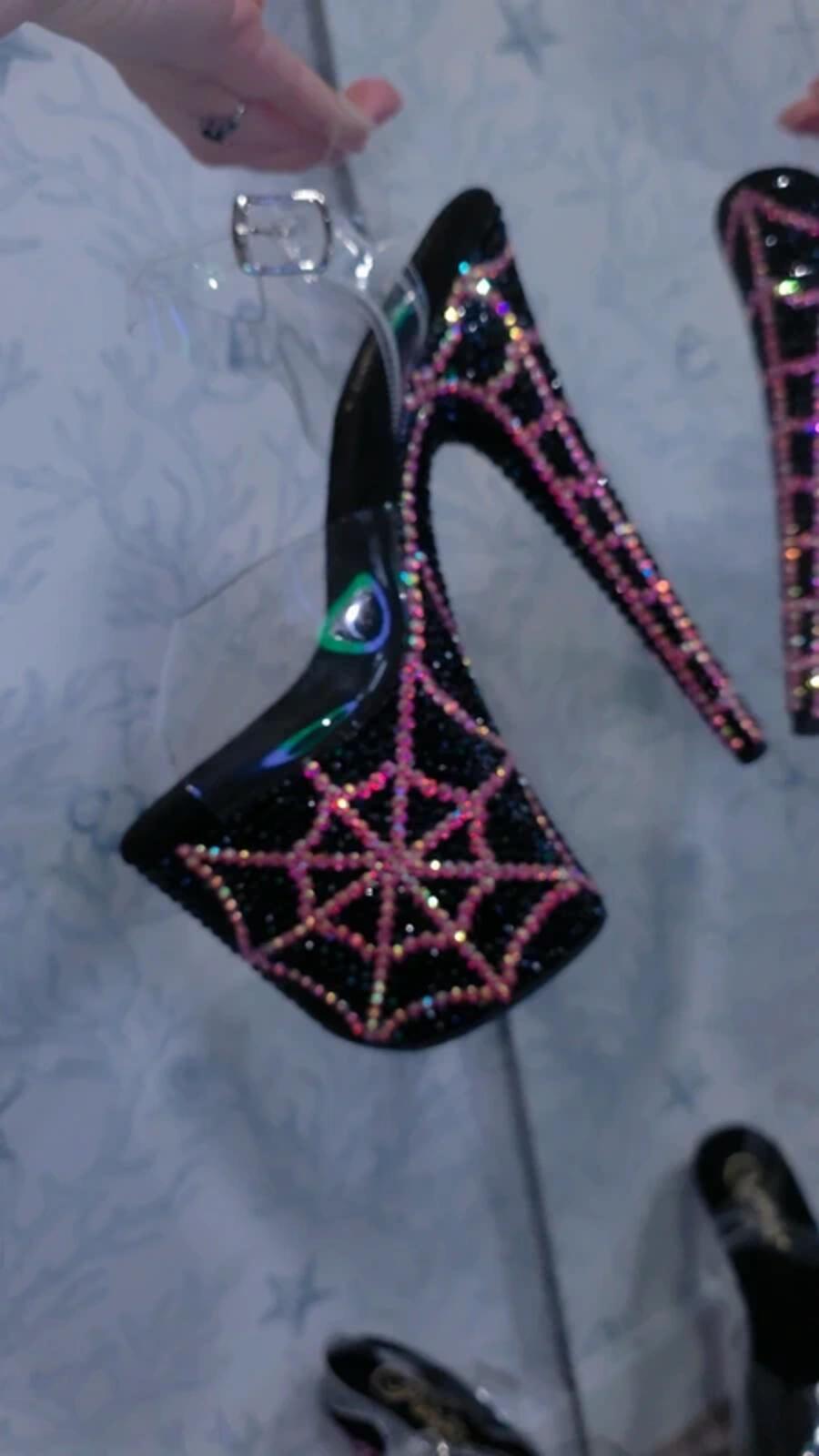 Pink and black spiderweb heels