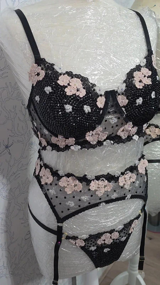 Black and pink rhinestone lingerie set 12-14