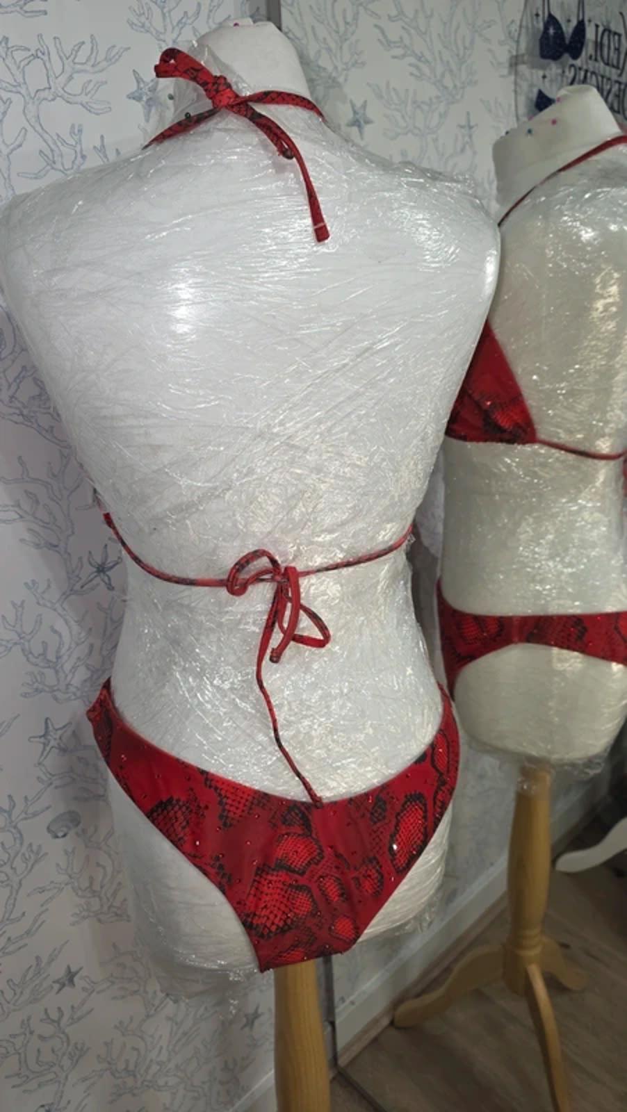 Red snakeskin rhinestoned bikini