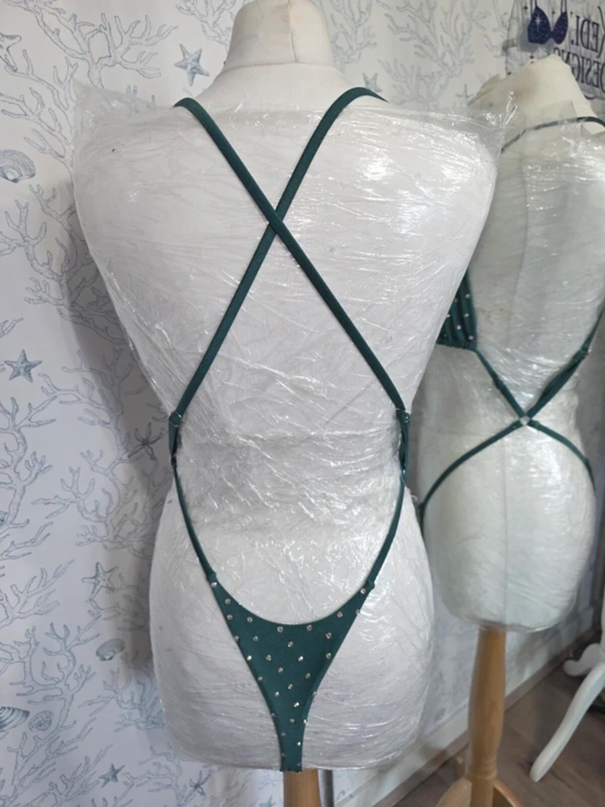 Dark green rhinestoned bodysuit bikini size 10-12