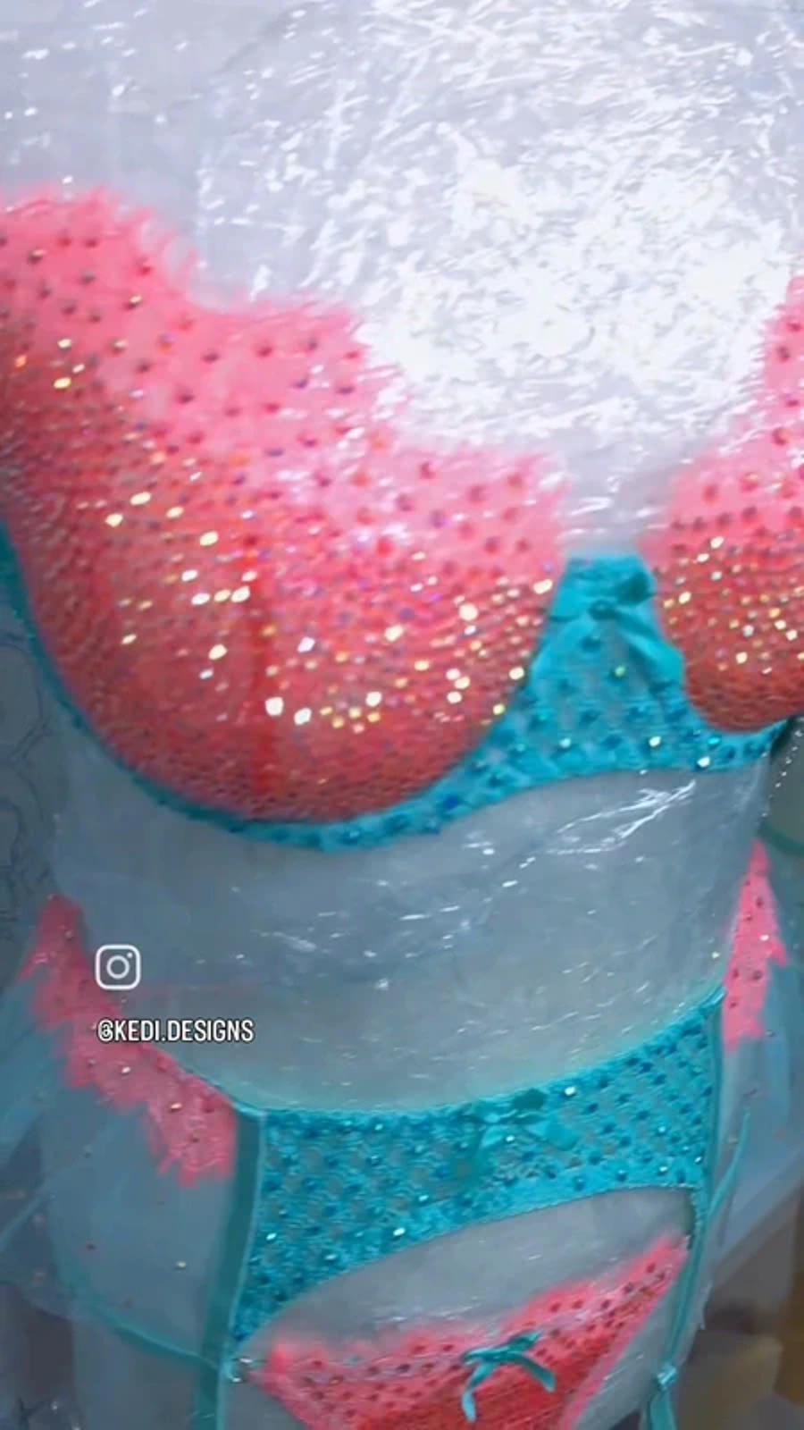 Orange and teal Rhinestone lingerie set 12-14