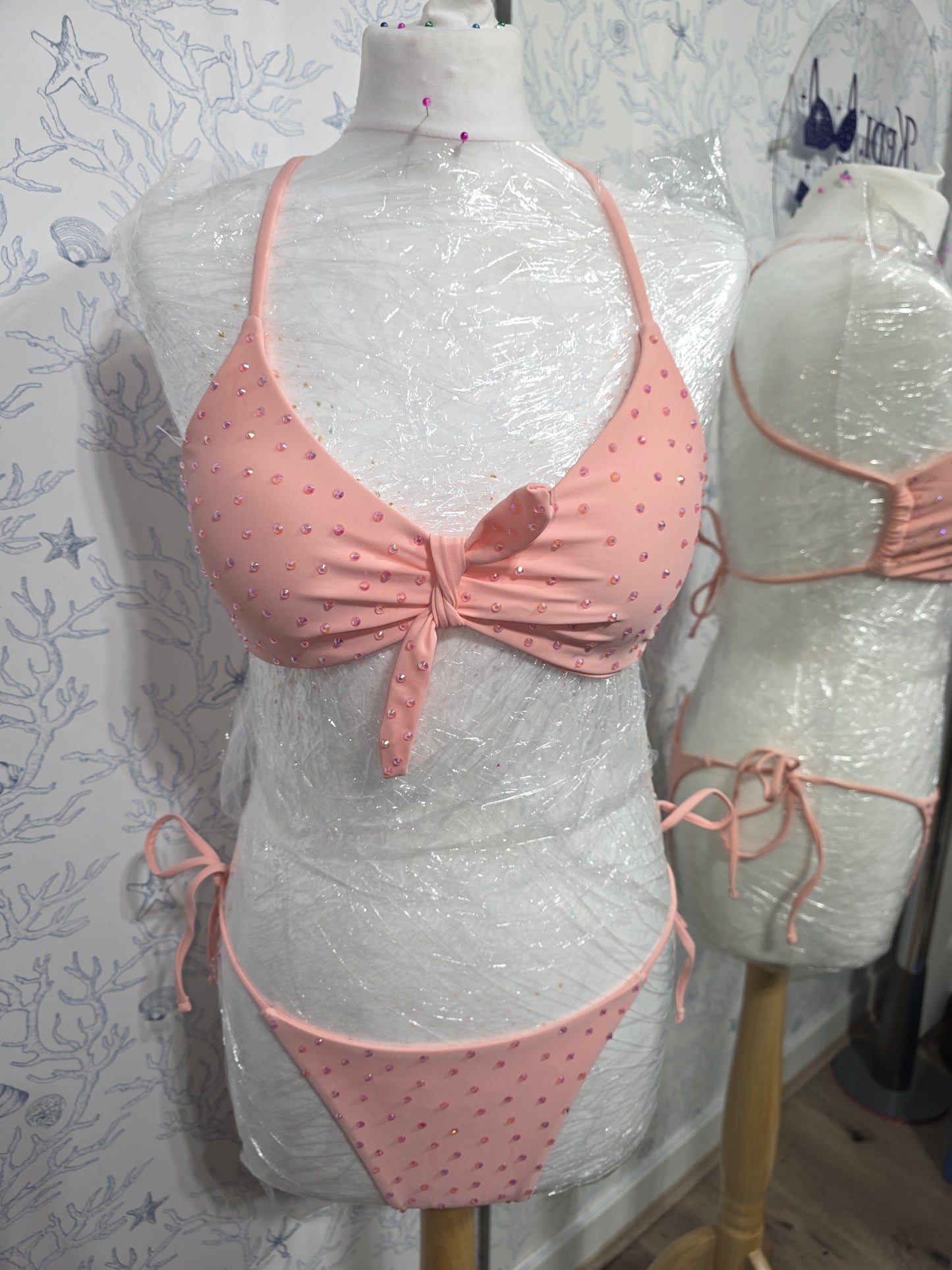 Peach pink rhinestone bikini 10-12